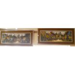 Pair 1960's oils on boards of Continental town scenes by Edward M. Elliott, 13" x 29"