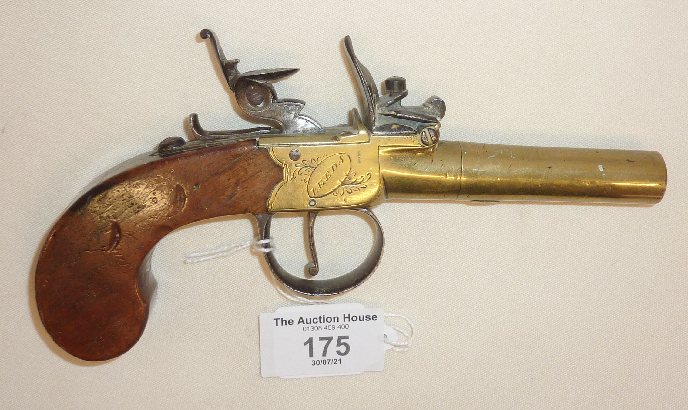 19th c. brass turnbarrel boxlock pistol by Calverts of Leeds with slabside walnut grip and proofs on - Image 2 of 3