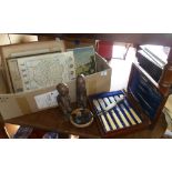 Assorted items including wooden figures and maps etc