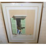 Large framed coloured lithograph by Andras KALDOR (b.1938) of a door and a woman's leg, 35" x 27"