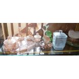 Good collection of Art Deco smoked glass inc. dressing table set, biscuit barrel, dolphin centre