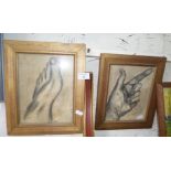 Pair of charcoal studies of a hand and foot, signed by Jon or Jan, 12" x 10"