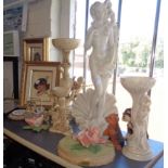 Assorted resin statuettes, figurines and embroidered pictures
