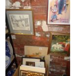 Box of assorted framed prints and adverts