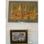 Large colour print on fabric of a stylised Malayan rubber plantation with figures, together with a