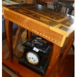 Victorian faux marble mantle clock and a musical inlaid sewing table