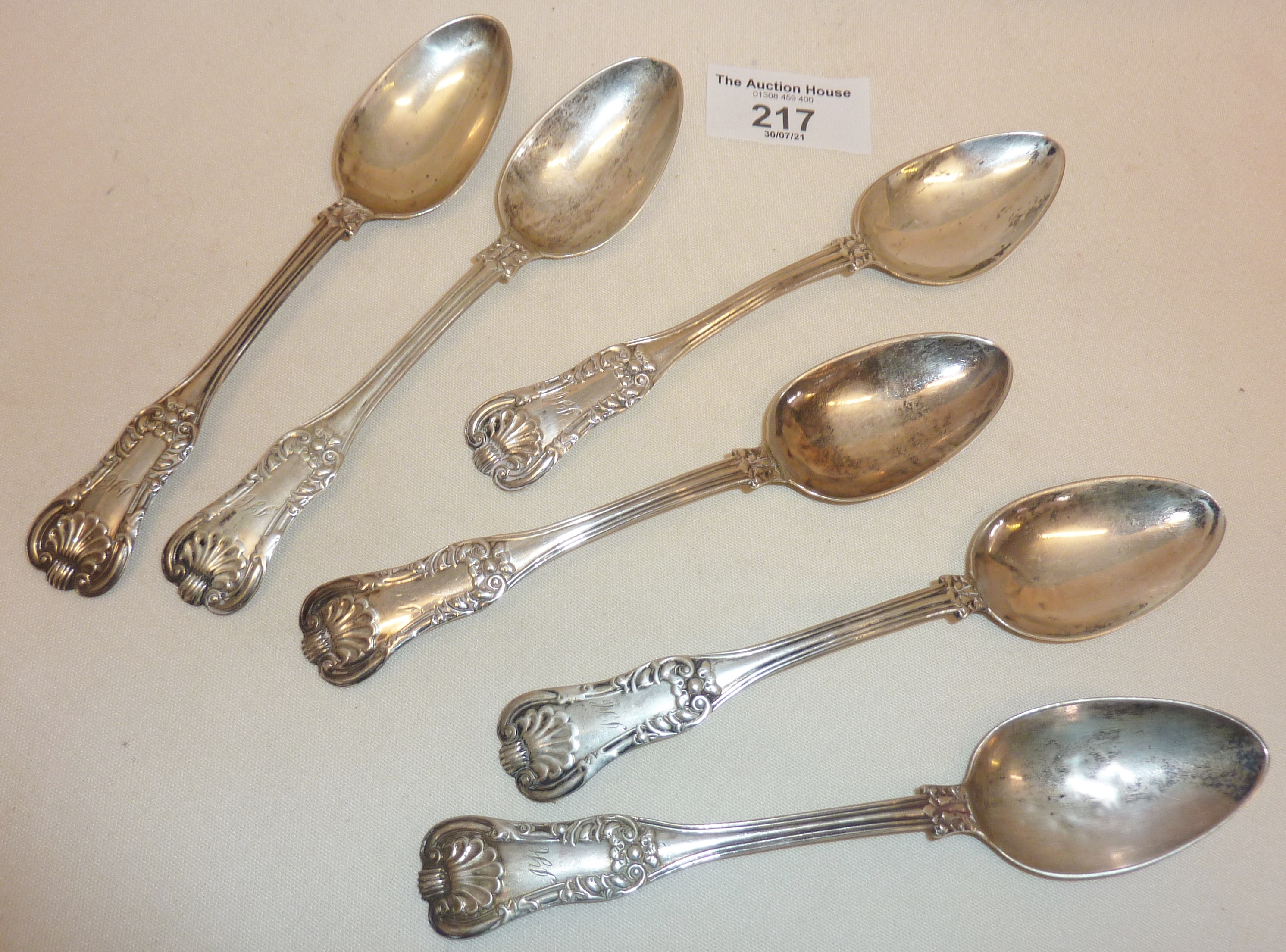 Set of six Scottish silver large teaspoons, hallmarked for Glasgow 1824 Mitchell & Son, approx 134g