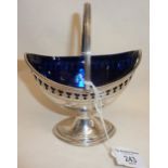 Adams style silver sucrier with blue glass liner, engraved and pierced decoration. Hallmarked for