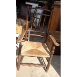 Country farmhouse stickback ash and elm kitchen armchair with rush seat