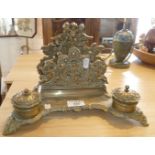 Brass inkstand with letter rack and two inkwells