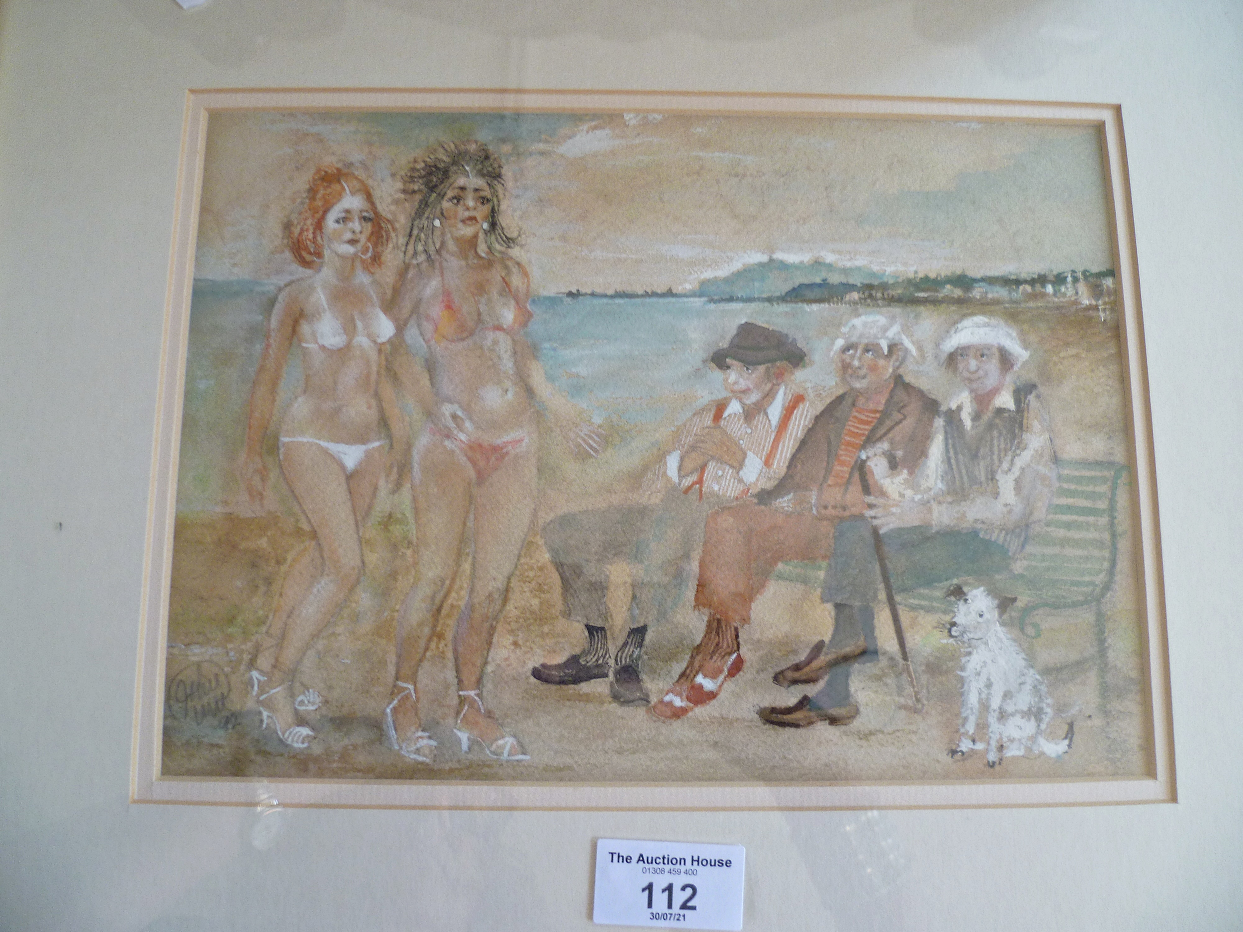 Pair of humorous watercolours of characterful beachgoers at Weymouth by local artist, John Lee, c. - Image 3 of 3