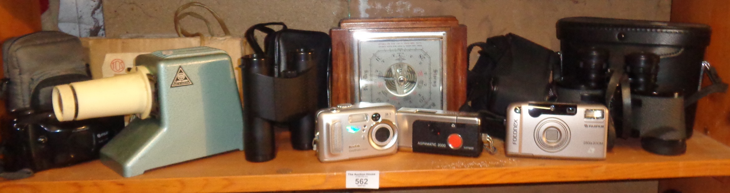 Several cameras, binoculars, 1930's mantle clock