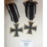 Two German WW1 type Iron Crosses, one dated "1870", and the other "1914"
