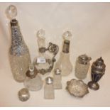 Collection of silver topped bottles and jars, also inc. repoussé pin dish. Most pieces hallmarked