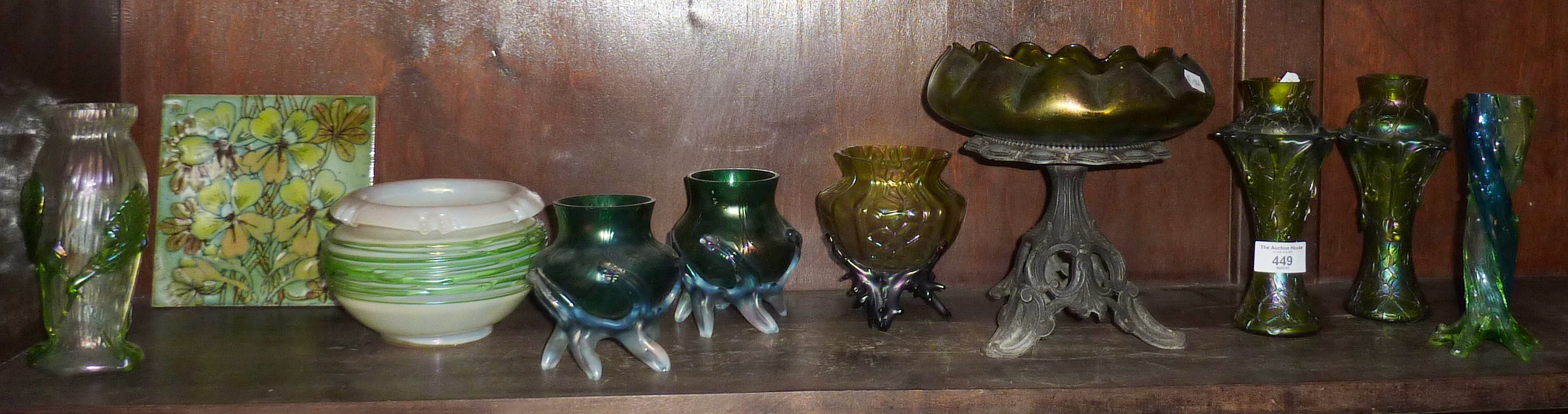 Collection of Art Nouveau Loetz style iridescent art glass vases (9)