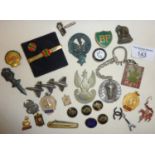 Collection of vintage badges etc (some military cap badges)