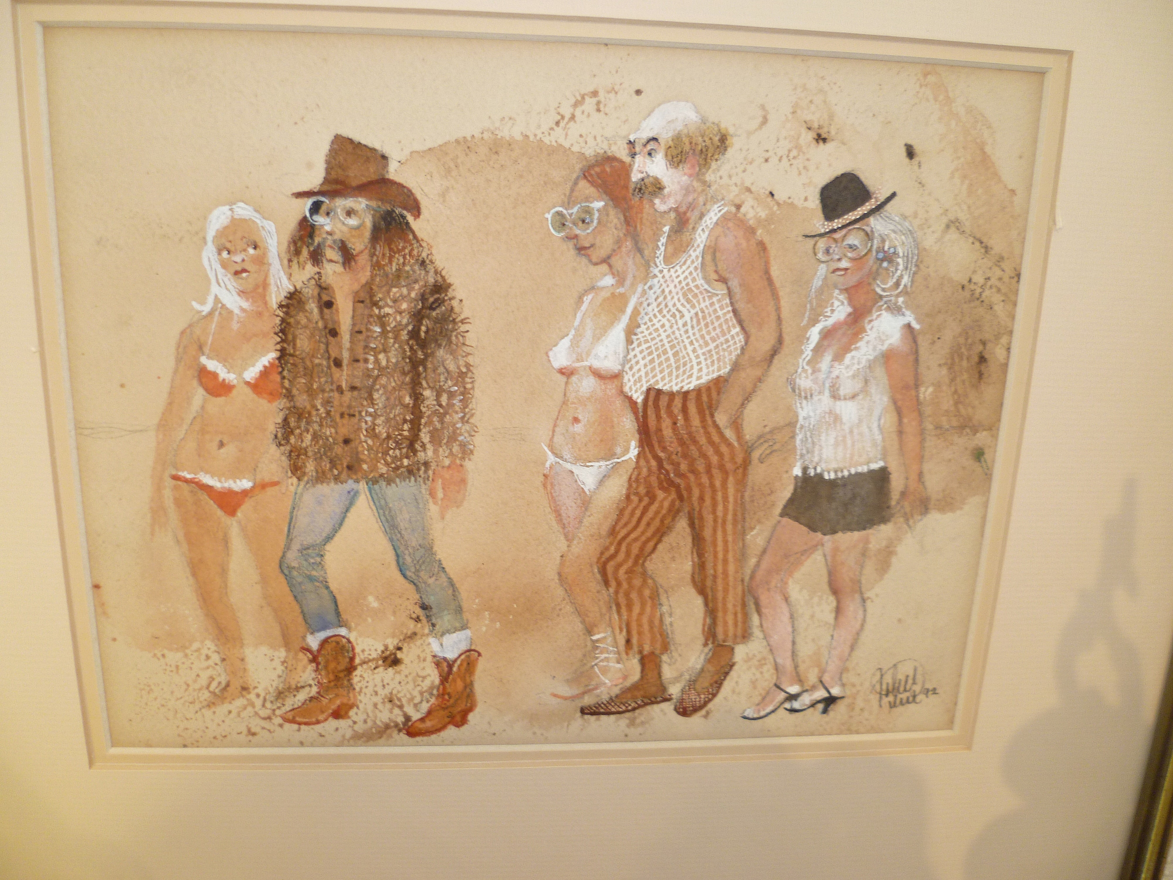 Pair of humorous watercolours of characterful beachgoers at Weymouth by local artist, John Lee, c. - Image 2 of 3