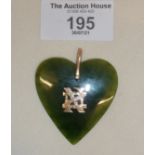 New Zealand Pounamu or greenstone and 9ct gold large heart shaped pendant