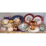 Shelf of assorted china plates, including a Midwinter Stylecraft Fashion shape dish and two lustre