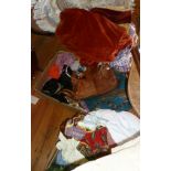 Bag of velvet curtains, a collection of bags and scarves and a box of assorted textiles