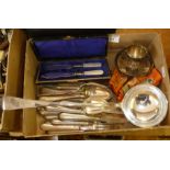 Large silver plated ladle, silver plated cutlery sets and cased pair of butter spreaders