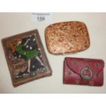 Vintage enamelled powder compact, small purse and a soap leaves holder