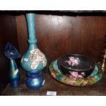 Two 1930's china bowls, two iridescent art glass vases and a china vase