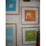 Three abstract works by Ray Goodin, acrylic and metallics on paper, signed mounted and framed in