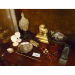 Collection of Oriental items, inc. Chinese silver, jade necklace and bronze head etc.