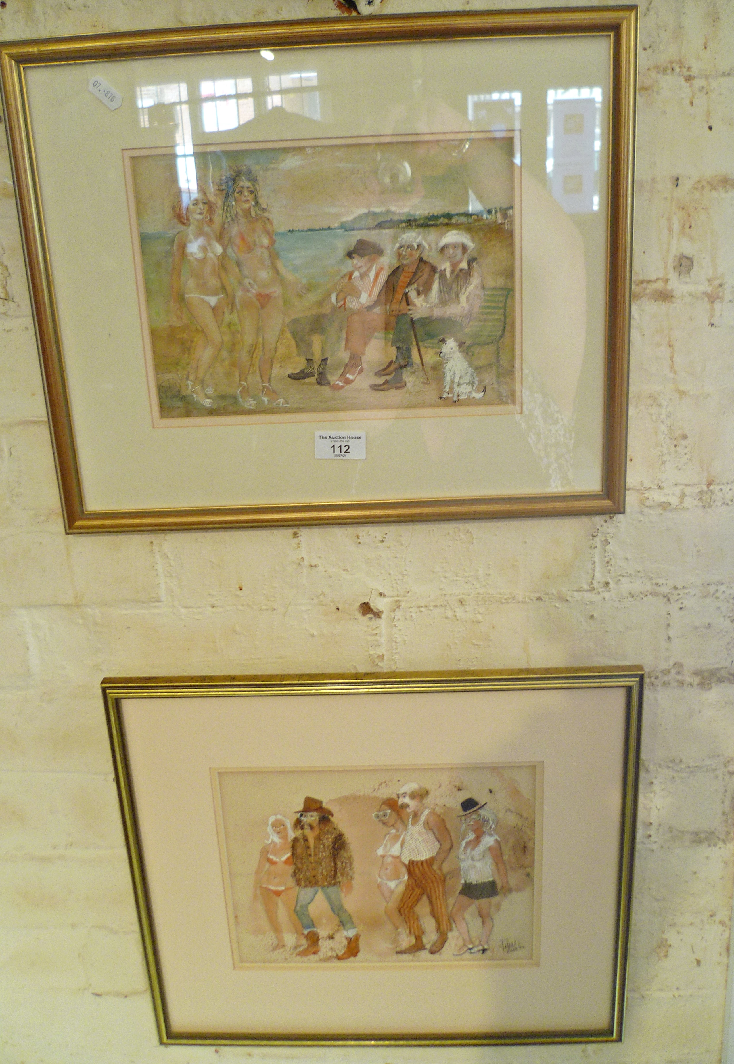 Pair of humorous watercolours of characterful beachgoers at Weymouth by local artist, John Lee, c.