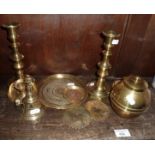 Collection of brassware, candlesticks, 1924 tea caddy etc