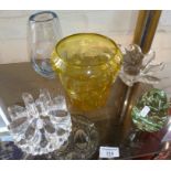 Webb bullseye uranium glass vase, a Lorraine Cristallerie star bowl, Belmondo plate warmer, a tea