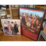 Large Beatles "Sgt Peppers" poster and a stand-up shop display card for "Queen"