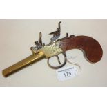 19th c. brass turnbarrel boxlock pistol by Calverts of Leeds with slabside walnut grip and proofs on
