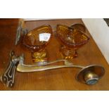 Pair of Art Nouveau brass wall sconces, together with a pair of Regency amber glass salts (chip to