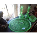A 1930's Art Deco glass tray and vanity set in the Nymphen Mermaid pattern, by Walther & Sohne, with