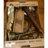 Assorted metalware and wooden tools, inc. saucepans etc.