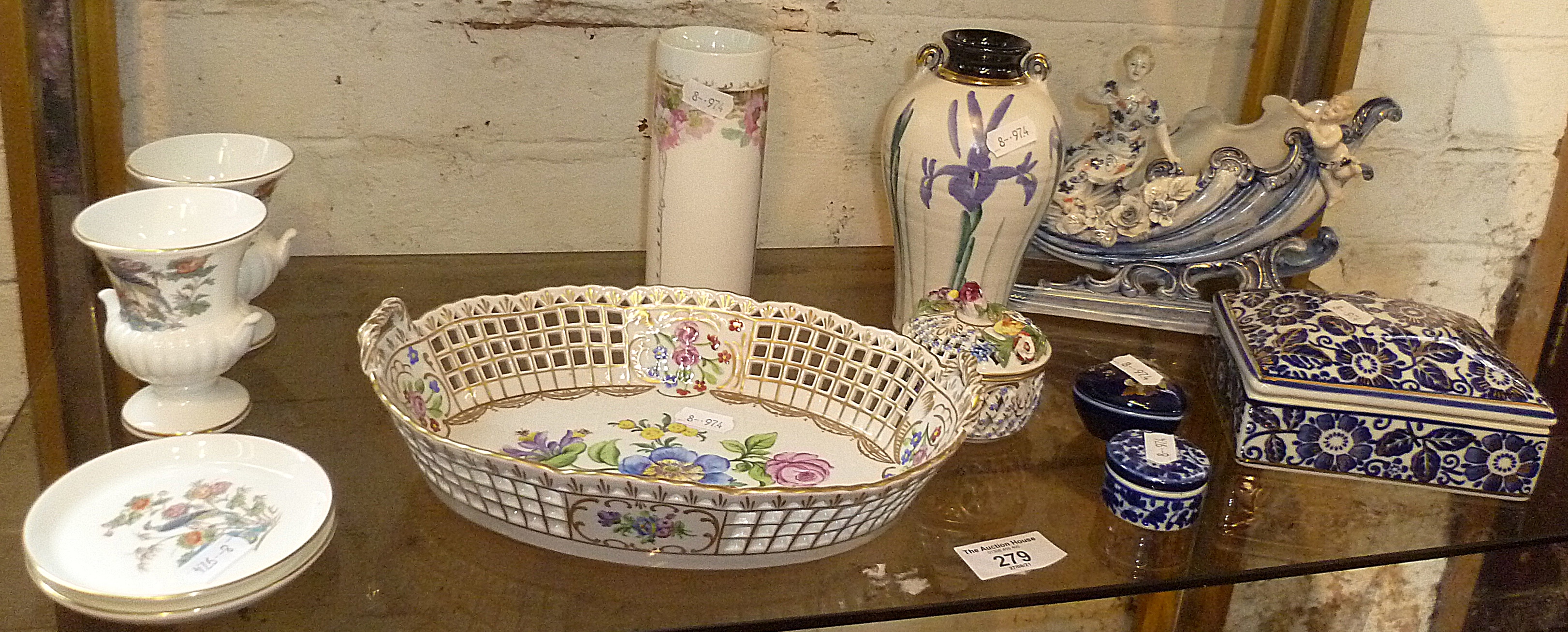 Dresden painted porcelain basket dish, small similar pot pourri and other china (12 items)