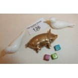 Miniature porcelain Seagulls and a small brass pig dice shaker with hinged head