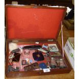 Mahogany box and interesting contents, inc. opera glasses, compacts, lacquer spectacles case,