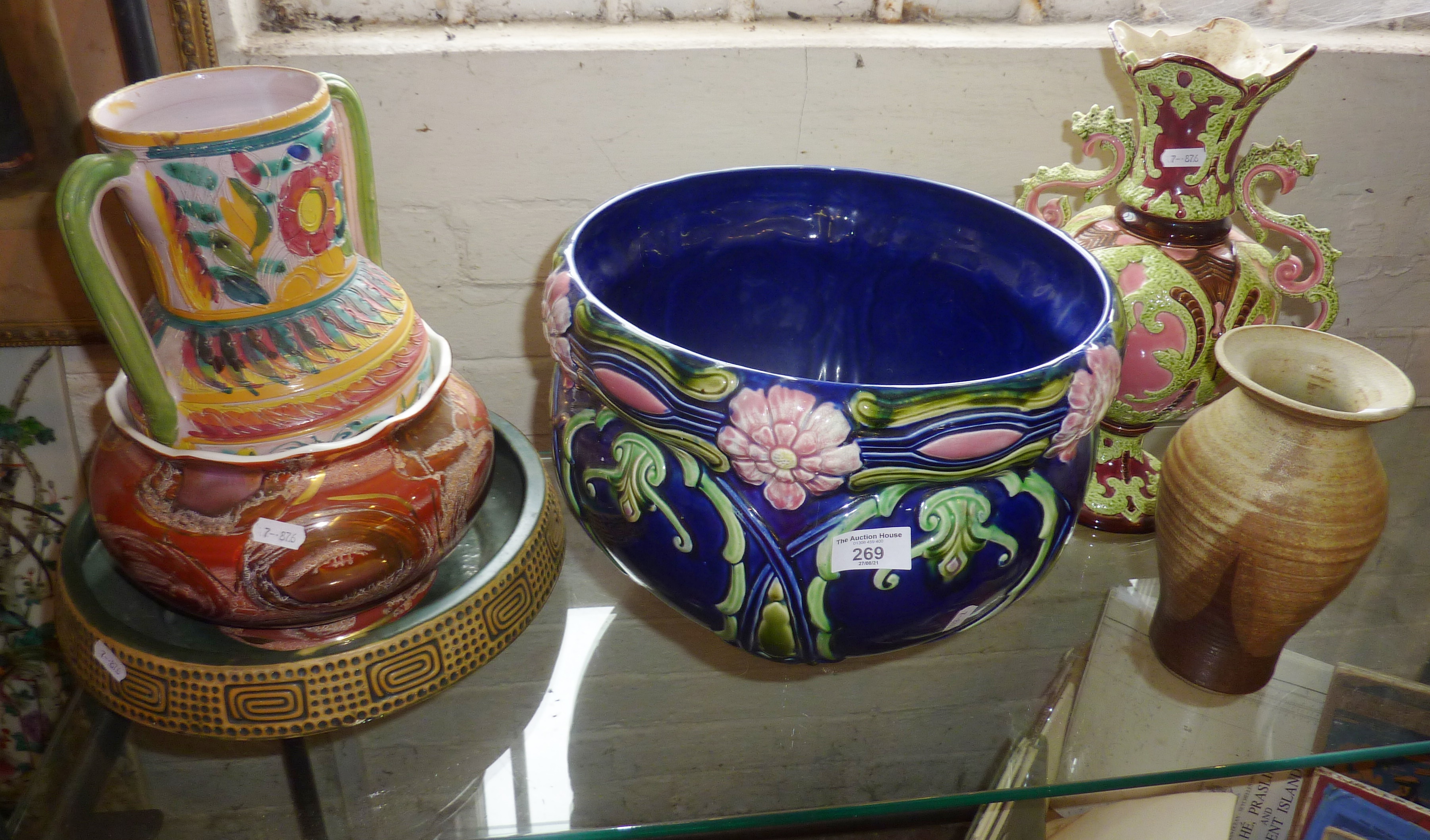 Large majolica-type jardiniere, studio pottery vase by Bennets of Hastings and four other pieces - Image 2 of 2
