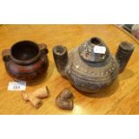 Pre-Columbian vessel, a South America two-handled pot and two African clay pipe bowls