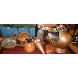 Victorian copper coal helmet, two skillets, copper funnel, soda syphon, etc.