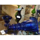 Bristol blue glass cornucopia wall pocket, a Bristol blue glass pestle and mortar and two vases