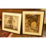 Victorian etching of ruins signed in pencil by V. Ferraro and another of a windmill
