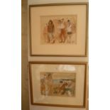 Pair of humorous watercolours of characterful beachgoers at Weymouth by local artist, John Lee, c.