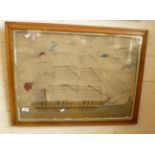 Large 19th c. maple framed sailor's woolwork picture of a ship of the line, 23" x 30"