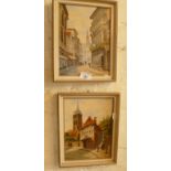 Pair of small oils on board of continental town scenes, signed W. Finney