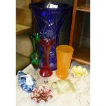 Vintage coloured glass, inc. large blue cut glass vase, Wade dishes, etc.
