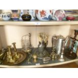 Quantity of assorted metal ware including Persian silver inlaid copper dish, similar vase on
